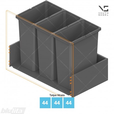 Šiukšliadėžių VS ENVI Free komplektas,&nbsp;KB 900&nbsp;mm, stalčiaus NL 450-550 mm, kibirų aukštis&nbsp;– 550&nbsp;mm, talpa&nbsp;– 44, 44, 44 l