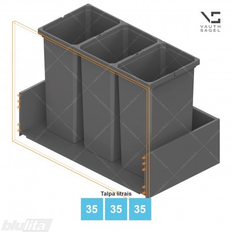 Šiukšliadėžių VS ENVI Free komplektas,&nbsp;KB 900&nbsp;mm, stalčiaus NL 400-550 mm, kibirų aukštis&nbsp;– 550&nbsp;mm, talpa&nbsp;– 35, 35, 35 l