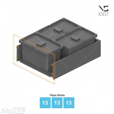 Šiukšliadėžių VS ENVI Free komplektas,&nbsp;KB 550&nbsp;mm, stalčiaus NL 650 mm, kibirų aukštis&nbsp;– 216&nbsp;mm, talpa&nbsp;– 13, 13, 13 l
