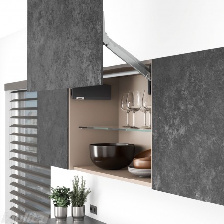 AVENTOS HL top komplektas, L2211 mech., L35 svertai, plonas medžio/plokštės fasadas, tamsiai pilki dangteliai