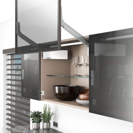 AVENTOS HL top komplektas, L2201 mech., L32 svertai, siauro alium. prof. fasadas, balti dangteliai, su SERVO-DRIVE