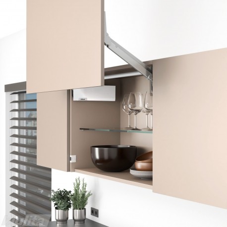 AVENTOS HL top komplektas, L2511 mech., L38 svertai, medžio/plokštės fasadas, balti dangteliai, su SERVO-DRIVE
