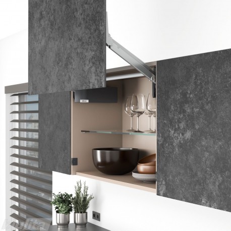 AVENTOS HL top komplektas, L2211 mech., L35 svertai, plonas medžio/plokštės fasadas, tamsiai pilki dangteliai, su SERVO-DRIVE