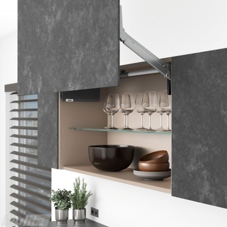 AVENTOS HL top komplektas, L2511 mech., L38 svertai, plonas medžio/plokštės fasadas, tamsiai pilki dangteliai