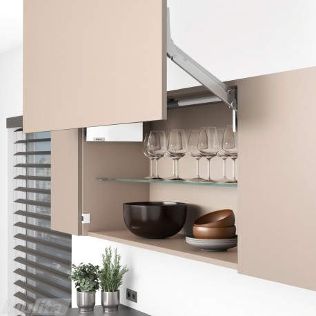 AVENTOS HL top komplektas, L2201 mech., L32 svertai, medžio/plokštės fasadas, balti dangteliai, su SERVO-DRIVE