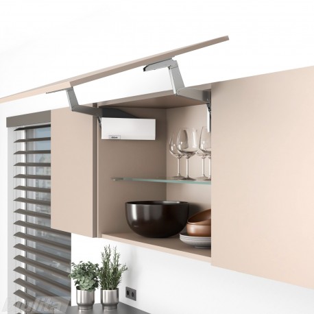 AVENTOS HS top pakėlimo sistema, S2201 mechanizmai, medžio / plokštės fasadas, balti dangteliai