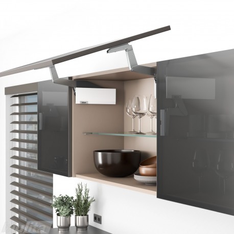 AVENTOS HS top pakėlimo sistema, S2201 mechanizmai, siauro aliuminio profilio fasadas, balti dangteliai