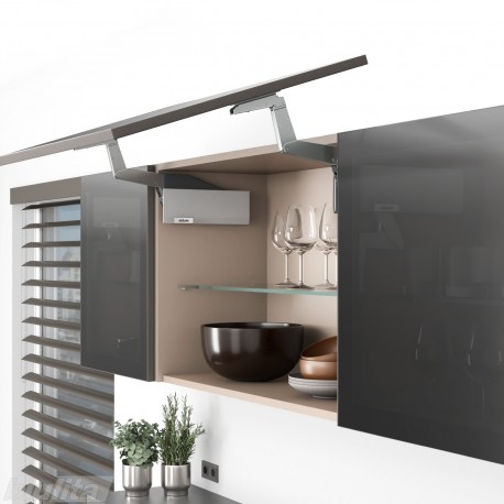 AVENTOS HS top pakėlimo sistema, S2201 mechanizmai, plataus aliuminio profilio fasadas, pilki dangteliai