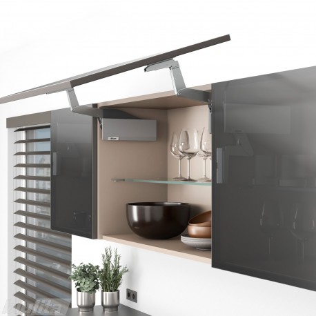 AVENTOS HS top pakėlimo sistema, S2501 mechanizmai, siauro aliuminio profilio fasadas, pilki dangteliai