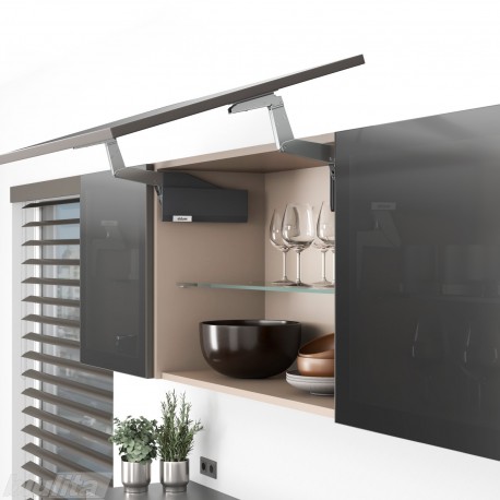 AVENTOS HS top pakėlimo sistema, S2201 mechanizmai, plataus aliuminio profilio fasadas, tamsiai pilki dangteliai