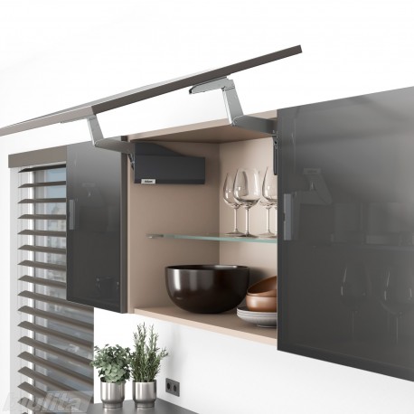 AVENTOS HS top pakėlimo sistema, S2201 mechanizmai, siauro aliuminio profilio fasadas, tamsiai pilki dangteliai