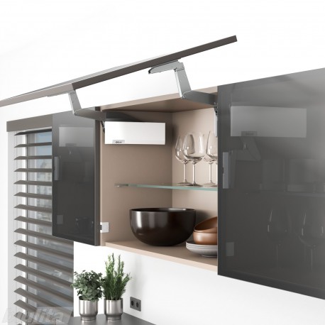 AVENTOS HS top pakėlimo sistema, S2201 mechanizmai, siauro aliuminio profilio fasadas, balti dangteliai, su SERVO-DRIVE