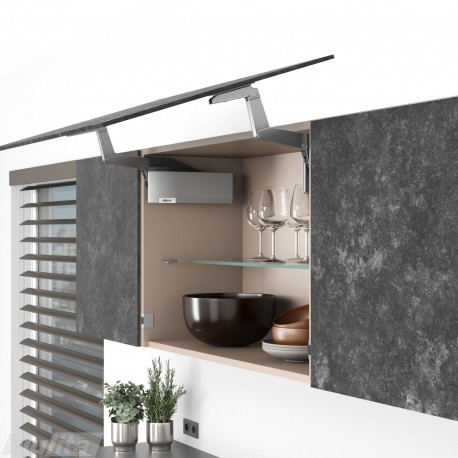 AVENTOS HS top pakėlimo sistema, S2501 mechanizmai, plonas medžio / plokštės fasadas, pilki dangteliai, su SERVO-DRIVE