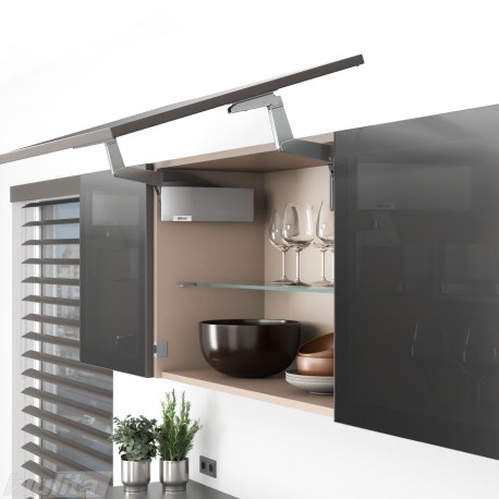 AVENTOS HS top pakėlimo sistema, S2201 mechanizmai, plataus aliuminio profilio fasadas, pilki dangteliai, su SERVO-DRIVE