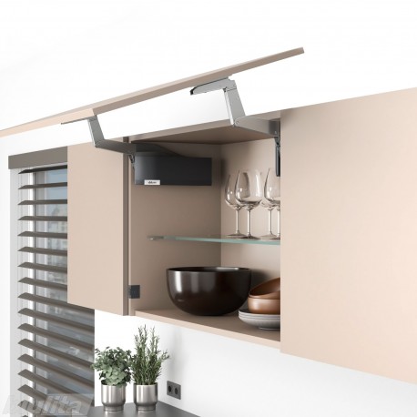 AVENTOS HS top pakėlimo sistema, S2201 mechanizmai, medžio / plokštės fasadas, tamsiai pilki dangteliai, su SERVO-DRIVE