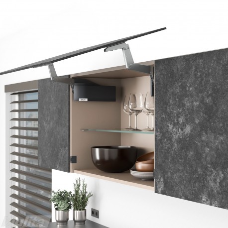 AVENTOS HS top pakėlimo sistema, S2501 mechanizmai, plonas medžio / plokštės fasadas, tamsiai pilki dangteliai, su SERVO-DRIVE