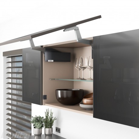 AVENTOS HS top pakėlimo sistema, S2801 mechanizmai, plataus aliuminio profilio fasadas, tamsiai pilki dangteliai, su SERVO-DRIVE