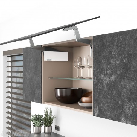 AVENTOS HS top pakėlimo sistema, S2211 mechanizmai, plonas medžio / plokštės fasadas, balti dangteliai