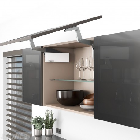 AVENTOS HS top pakėlimo sistema, S2211 mechanizmai, plataus aliuminio profilio fasadas, balti dangteliai