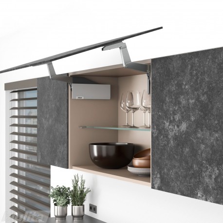 AVENTOS HS top pakėlimo sistema, S2211 mechanizmai, plonas medžio / plokštės fasadas, pilki dangteliai