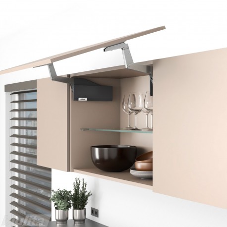 AVENTOS HS top pakėlimo sistema, S2811 mechanizmai, medžio / plokštės fasadas, tamsiai pilki dangteliai