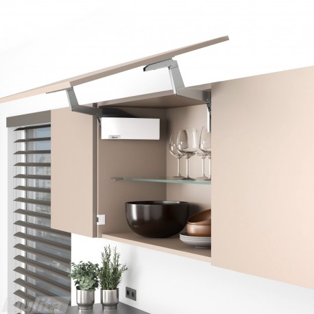 AVENTOS HS top pakėlimo sistema, S2211 mechanizmai, medžio / plokštės fasadas, balti dangteliai, su SERVO-DRIVE