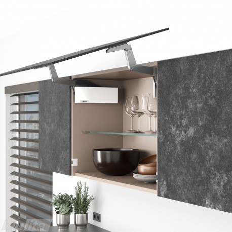AVENTOS HS top pakėlimo sistema, S2811 mechanizmai, plonas medžio / plokštės fasadas, balti dangteliai, su SERVO-DRIVE