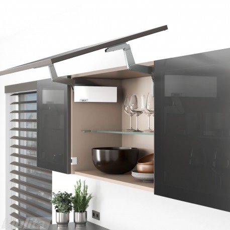 AVENTOS HS top pakėlimo sistema, S2211 mechanizmai, plataus aliuminio profilio fasadas, balti dangteliai, su SERVO-DRIVE