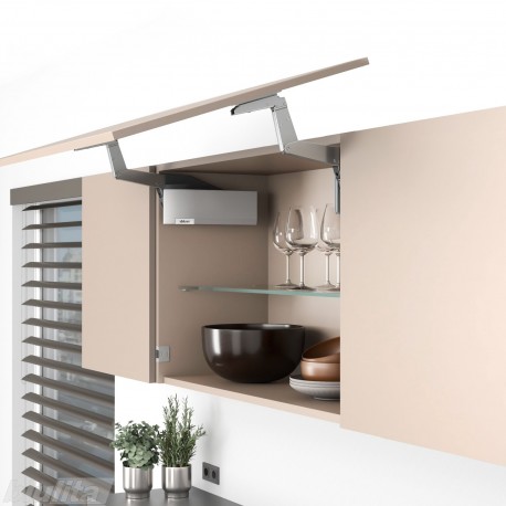 AVENTOS HS top pakėlimo sistema, S2511 mechanizmai, medžio / plokštės fasadas, pilki dangteliai, su SERVO-DRIVE