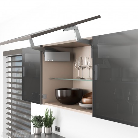 AVENTOS HS top pakėlimo sistema, S2211 mechanizmai, siauro aliuminio profilio fasadas, pilki dangteliai, su SERVO-DRIVE