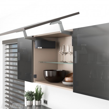 AVENTOS HS top pakėlimo sistema, S2811 mechanizmai, siauro aliuminio profilio fasadas, tamsiai pilki dangteliai, su SERVO-DRIVE