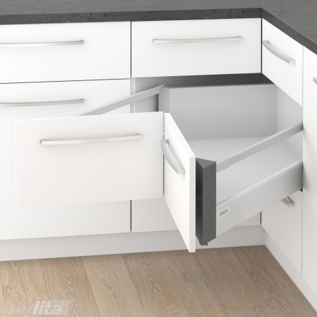TANDEMBOX antaro D stalčiaus SPACE CORNER komplektas su SYNCROMOTION, NL&nbsp;650&nbsp;mm, 65&nbsp;kg, BLUMOTION, pilkas „White Aluminium“