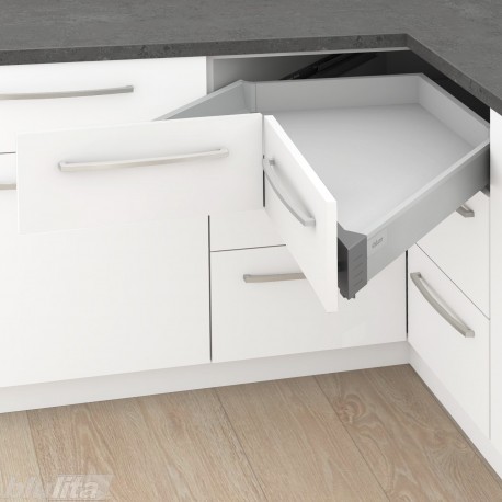 TANDEMBOX antaro M stalčiaus SPACE CORNER komplektas su SYNCROMOTION, NL&nbsp;650&nbsp;mm, 65&nbsp;kg, BLUMOTION, pilkas „White Aluminium“
