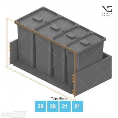 Šiukšliadėžių VS ENVI Free komplektas,&nbsp;KB 900&nbsp;mm, stalčiaus NL 400-500 mm, kibirų aukštis&nbsp;– 426&nbsp;mm, talpa&nbsp;– 28, 28, 21, 21 l