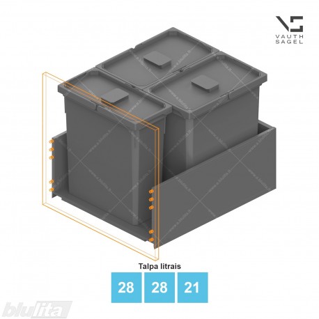 Šiukšliadėžių VS ENVI Free komplektas,&nbsp;KB 550&nbsp;mm, stalčiaus NL 600 mm, kibirų aukštis&nbsp;– 426&nbsp;mm, talpa&nbsp;– 28, 28, 21 l