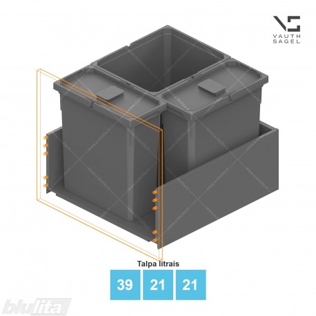 Šiukšliadėžių VS ENVI Free komplektas,&nbsp;KB 600&nbsp;mm, stalčiaus NL 600 mm, kibirų aukštis&nbsp;– 426&nbsp;mm, talpa&nbsp;– 39, 21, 21 l