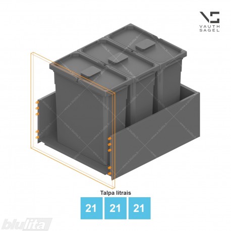 Šiukšliadėžių VS ENVI Free komplektas,&nbsp;KB 450-550&nbsp;mm, stalčiaus NL 600 mm, kibirų aukštis&nbsp;– 426&nbsp;mm, talpa&nbsp;– 21, 21, 21 l