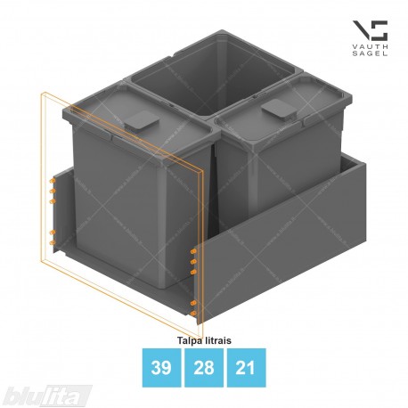 Šiukšliadėžių VS ENVI Free komplektas,&nbsp;KB 600&nbsp;mm, stalčiaus NL 650 mm, kibirų aukštis&nbsp;– 426&nbsp;mm, talpa&nbsp;– 39, 28, 21 l