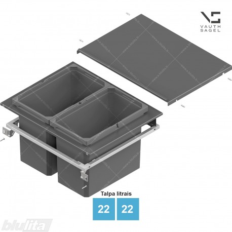 VS ENVI Fit šiukšliadėžių komplektas, NL 500&nbsp;mm, KB 600 mm, bendras aukštis 346&nbsp;mm, 2x22 L, tamsiai pilkas „Lava“