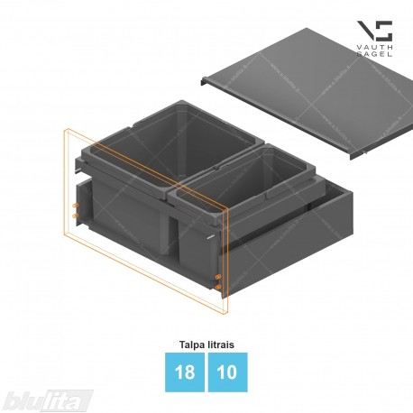 Šiukšliadėžių VS ENVI Flex Flat komplektas,&nbsp;KB nuo 600&nbsp;mm, stalčiaus NL 450-650 mm, kibirų aukštis&nbsp;– 216&nbsp;mm, talpa&nbsp;– 18, 10 l