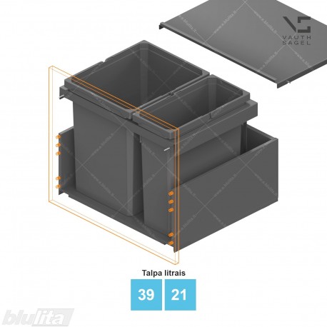 Šiukšliadėžių VS ENVI Flex Flat komplektas,&nbsp;KB nuo 600&nbsp;mm, stalčiaus NL 450-650 mm, kibirų aukštis&nbsp;– 426&nbsp;mm, talpa&nbsp;– 39, 21 l