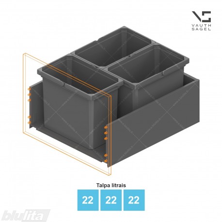 Šiukšliadėžių VS ENVI Free komplektas,&nbsp;KB 550-600&nbsp;mm, stalčiaus NL 650 mm, kibirų aukštis&nbsp;– 326&nbsp;mm, talpa&nbsp;– 22, 22, 22 l