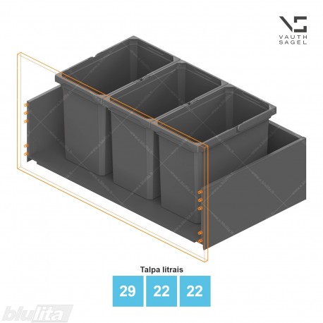 Šiukšliadėžių VS ENVI Free komplektas,&nbsp;KB 800-900&nbsp;mm, stalčiaus NL 400-500 mm, kibirų aukštis&nbsp;– 326&nbsp;mm, talpa&nbsp;– 22, 22, 22 l