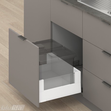 MERIVOBOX E padidinto ištraukimo stalčius su BOXCOVER ir stiklu, NL&nbsp;500&nbsp;mm, 70&nbsp;kg, BLUMOTION, baltas „Silk“