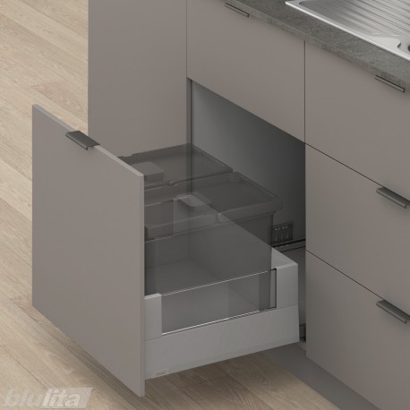 MERIVOBOX E padidinto ištraukimo stalčius su BOXCOVER ir stiklu, NL&nbsp;500&nbsp;mm, 70&nbsp;kg, BLUMOTION, pilkas „Indium“
