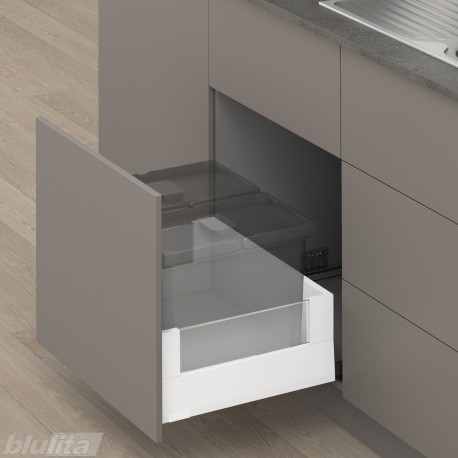 MERIVOBOX E padidinto ištraukimo stalčius su BOXCOVER ir stiklu, NL&nbsp;550&nbsp;mm, 70&nbsp;kg, TIP-ON BLUMOTION, baltas „Silk“