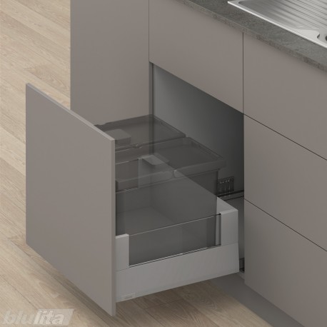 MERIVOBOX E padidinto ištraukimo stalčius su BOXCOVER ir stiklu, NL&nbsp;550&nbsp;mm, 70&nbsp;kg, TIP-ON BLUMOTION, pilkas „Indium“