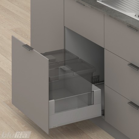 MERIVOBOX E padidinto ištraukimo stalčius su BOXCOVER ir stiklu, NL&nbsp;500&nbsp;mm, 70&nbsp;kg, BLUMOTION, pilkas „Indium“, EXPANDO&nbsp;T