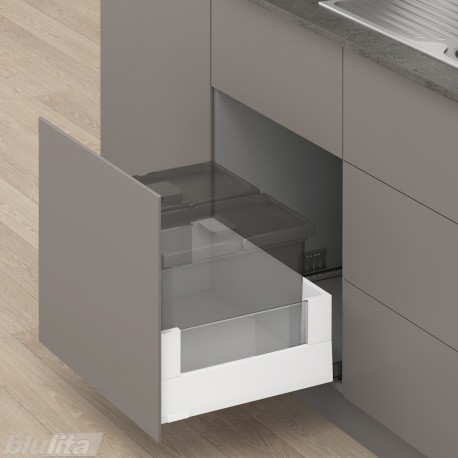 MERIVOBOX E padidinto ištraukimo stalčius su BOXCOVER ir stiklu, NL&nbsp;550&nbsp;mm, 70&nbsp;kg, TIP-ON BLUMOTION, baltas „Silk“, EXPANDO&nbsp;T