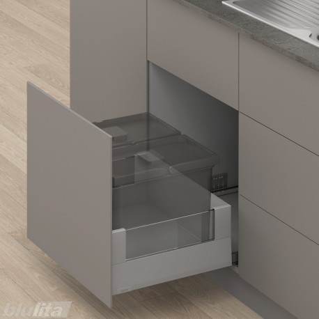 MERIVOBOX E padidinto ištraukimo stalčius su BOXCOVER ir stiklu, NL&nbsp;550&nbsp;mm, 70&nbsp;kg, TIP-ON BLUMOTION, pilkas „Indium“, EXPANDO&nbsp;T